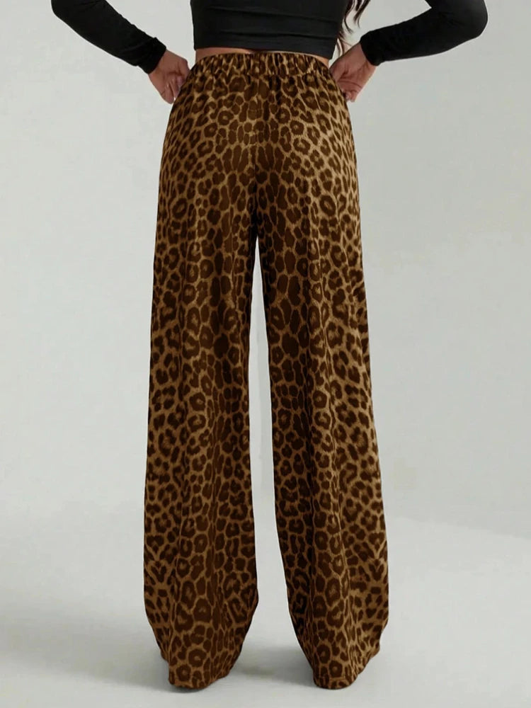 2026 New Leopard Print Pants Women Elasticity High Waist Loose Wide Leg Pants Women Fashion High Street Straight Casual Pants