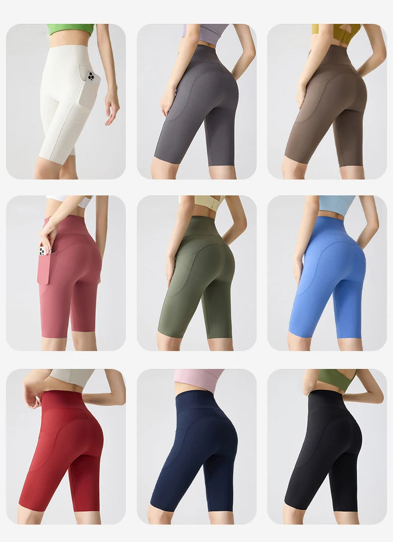 BIVIGAOS Summer Pocket Yoga Sharkskin Bicycle Shorts Women Thin High Waist Push Up Naked Feeling Sports Fitness Cycling Shorts
