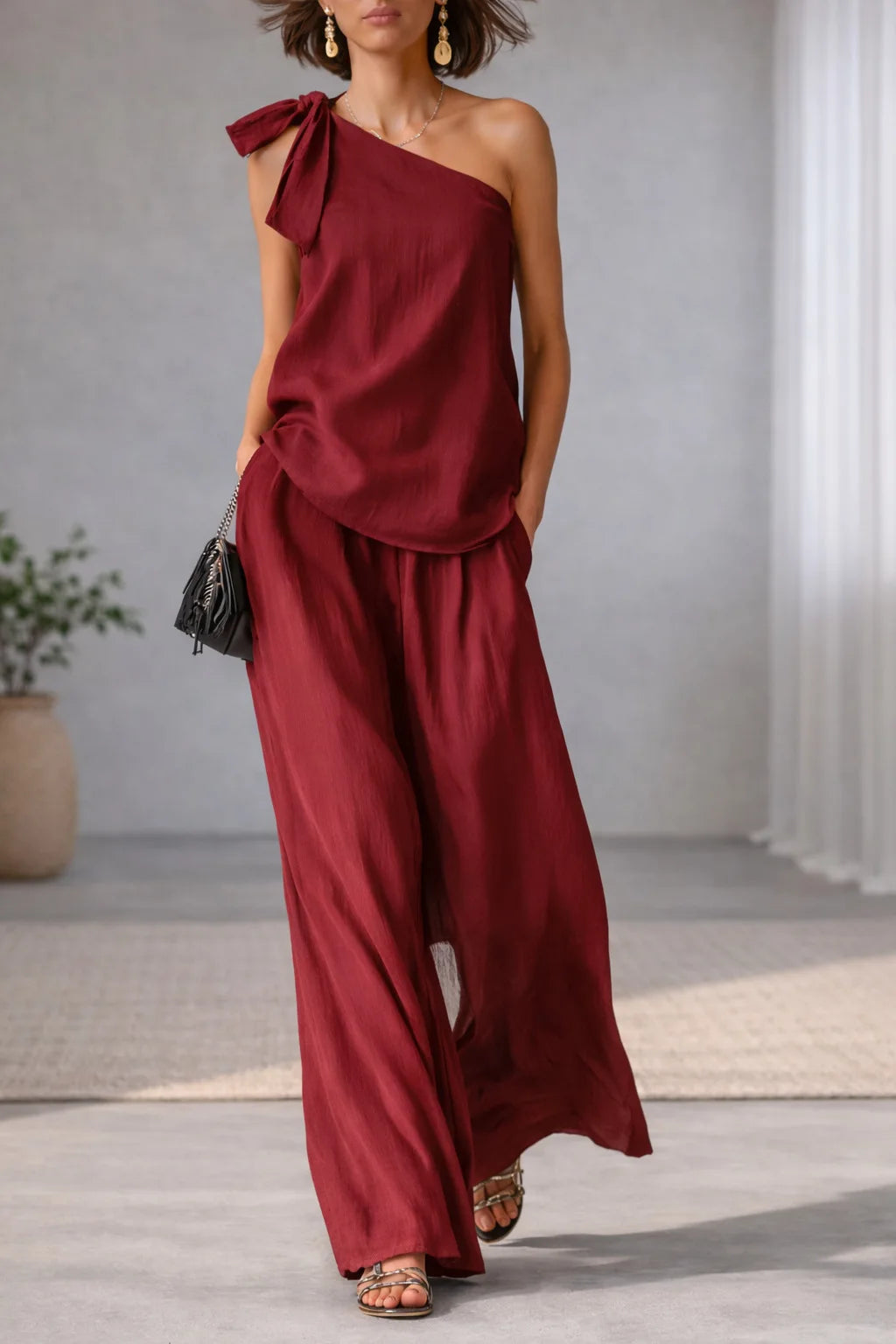 Summer Sexy Off Shoulder Tank Tops And Wide Leg Pants Two Piece Sets Casual Loose Solid High Waist Pants Sets Lace Tops Outfits