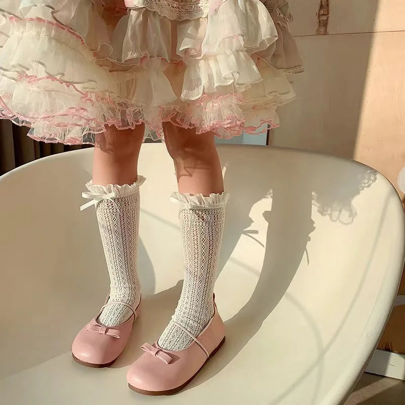 Girls Long Tube Lace Stockings Sweet Bow Jacquard Pattern Mesh Sock Baby Girl Ballet Fishing Net Frilly Socks Lolita Leggings