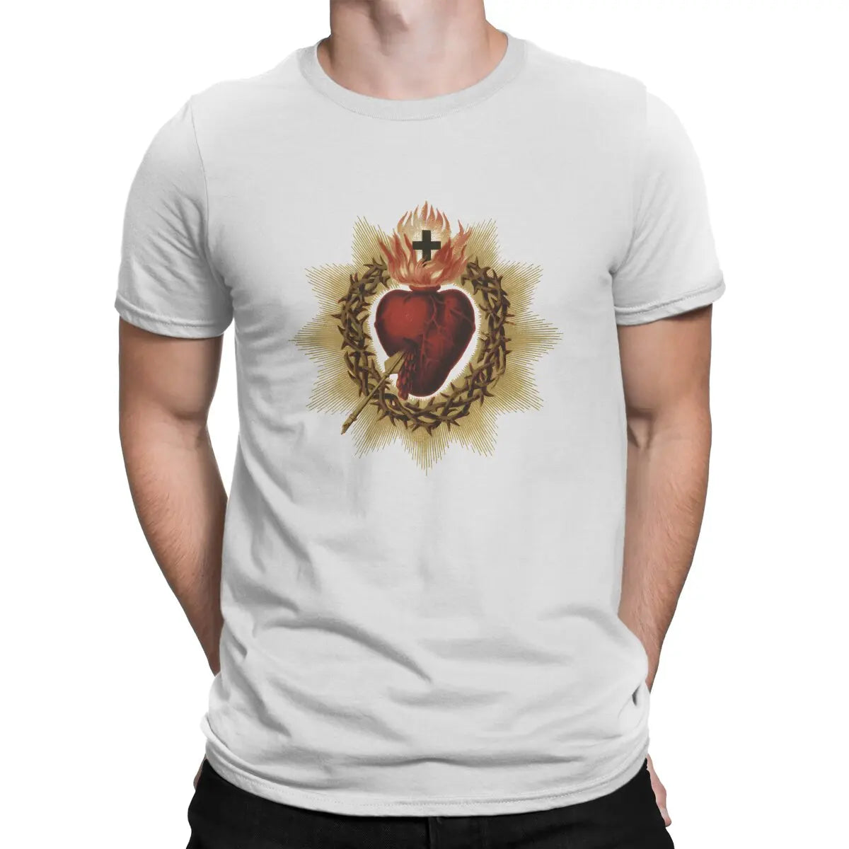 Sacred Heart Catholic T Shirt Men Cotton Vintage T-Shirt Crewneck Jesus God Cross Tee Shirt Short Sleeve Clothing Gift Idea