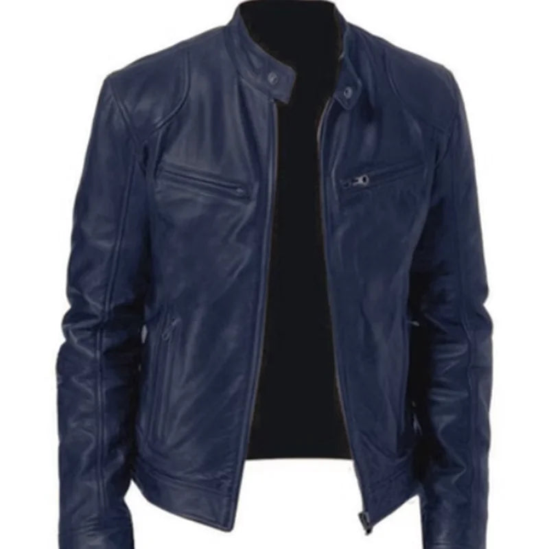 2023 Fashion Mens Leather Jacket Slim Fit Stand Collar PU Jacket Male Anti-wind Motorcycle Lapel Diagonal Zipper Jackets Men