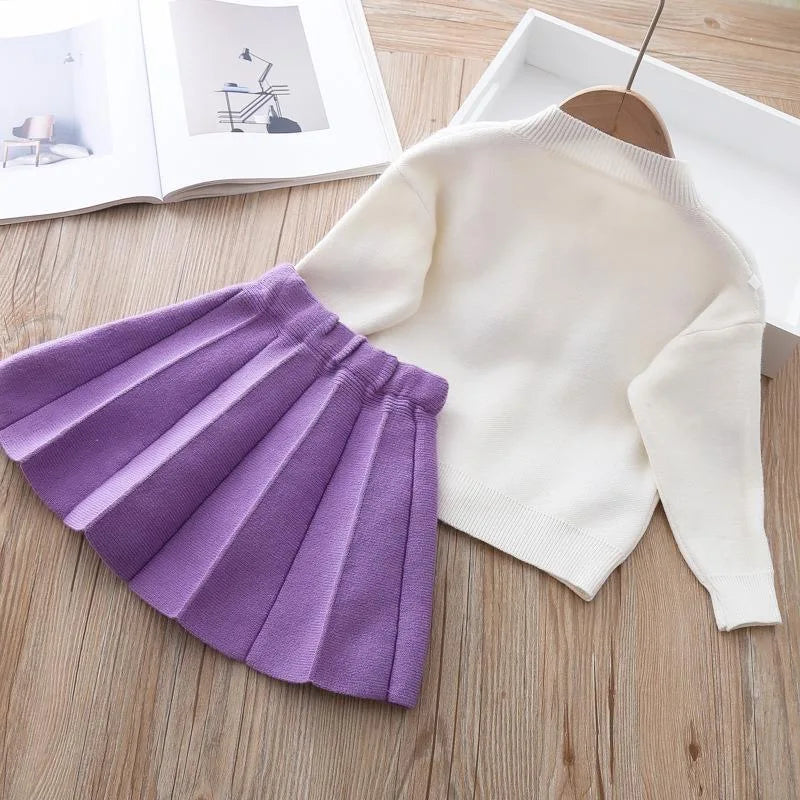 2 3 4 5 6 Years Cute Spring Autumn Girls Clothing Set Cartoon Grape Sweater Coat And Skirt 2Pcs Knitting Suit For Kids