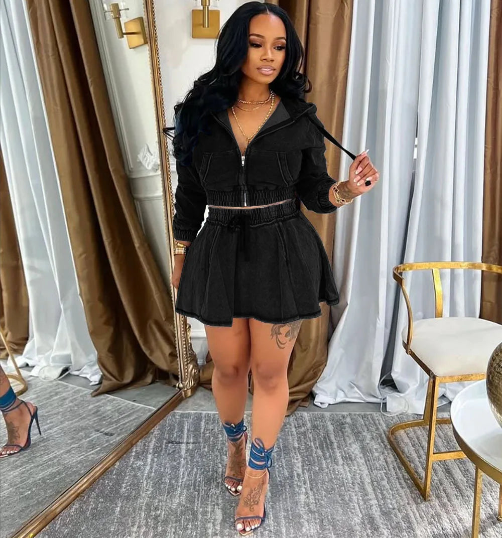 Streetwear Jeans Mini Skirt Outfits Sexy Women Elegant Two Pieces Sporty Club Matching Set Denim Hooded Top+Skirt