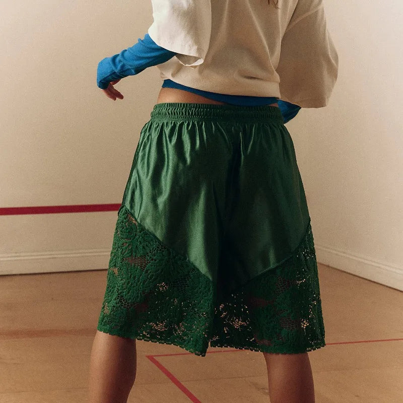 Womens Lace Patchwork Sweat Shorts Casual Summer Loose Mid Length Pants Drawstring Waist Lounge Running Walking Workout Shorts