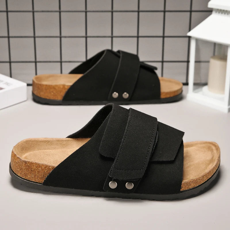 Men Women Clogs Suede Leather Cork Slippers Comfort Footbed Adjustable Open Shoes Slide Sandals Indoor Home Outdoor for Couples
