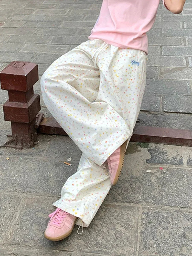 Korean Vintage Stars Print Letter Cargo Pants Women Fashion High Waist Wide Leg Trousers Casual Loose Preppy Style Female Pants