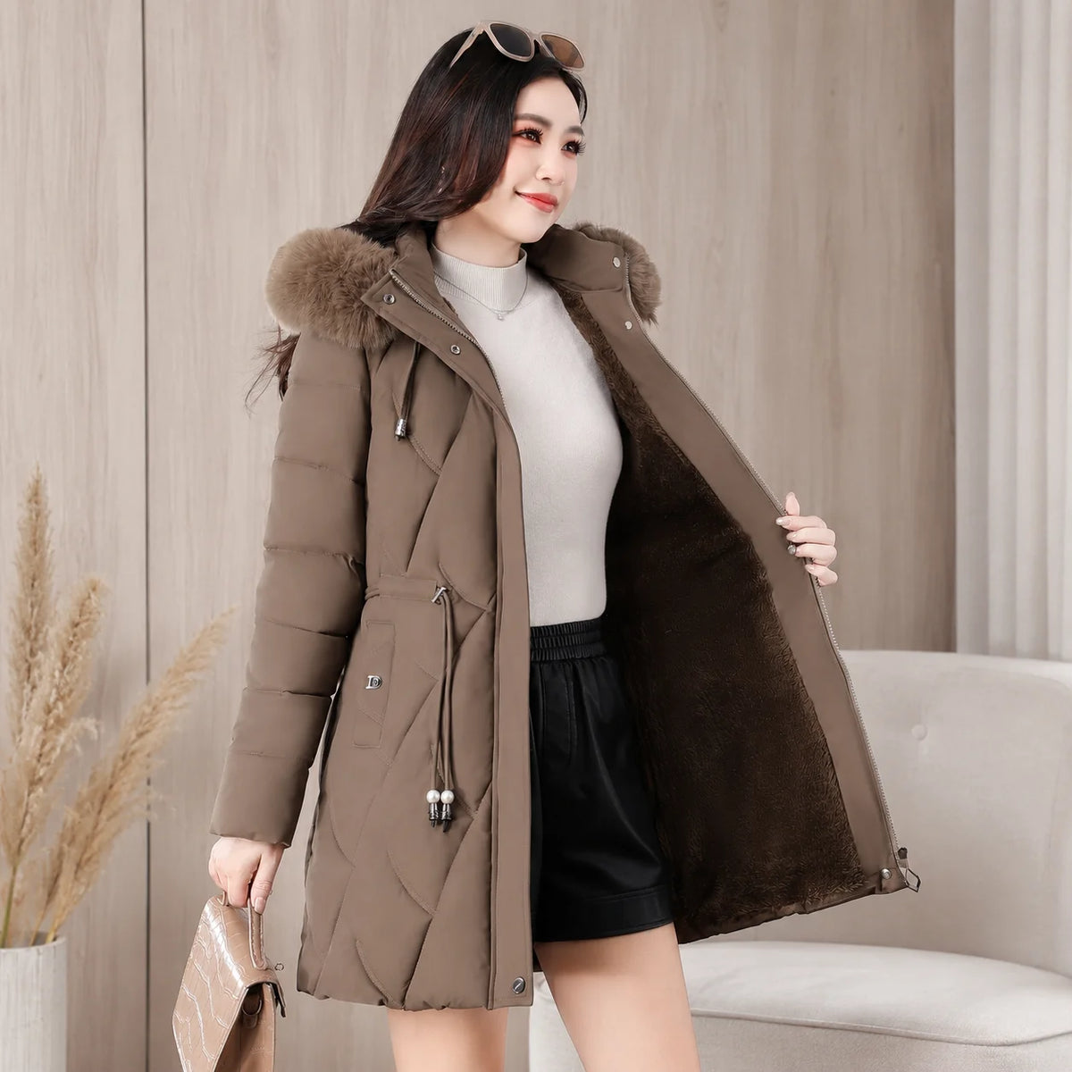 2026 Fashion Winter Women Parkas Long Slim Fashion Korean Big Fur Collar Zipper All-match Warm Down Jacket