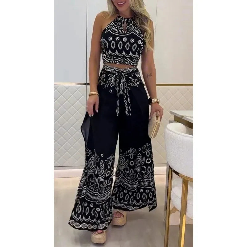 Summer Vintage Halter Top Wide Leg Pants Set Women's Bohemian 2-Piece