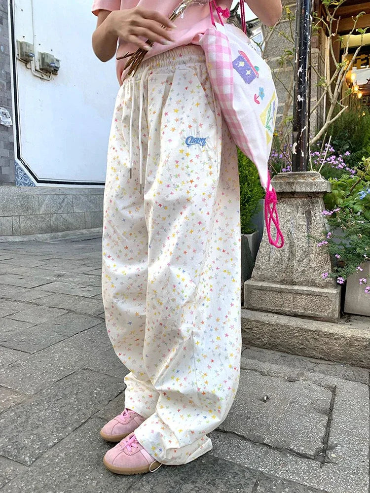 Korean Vintage Stars Print Letter Cargo Pants Women Fashion High Waist Wide Leg Trousers Casual Loose Preppy Style Female Pants