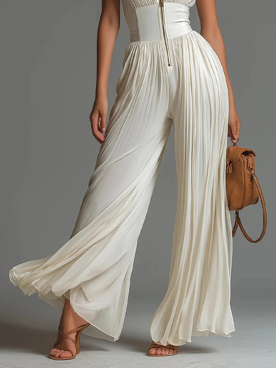 2026 White Pleated Neck Jumpsuit Women's Long Wide-leg Fashion Sexy Pleated Jumpsuits Sexy Slim Fits Sleeveless Rompers Y2K