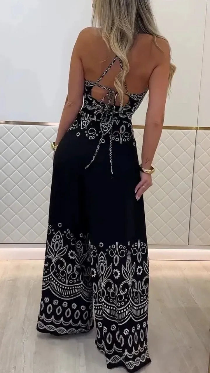 Summer Vintage Halter Top Wide Leg Pants Set Women's Bohemian 2-Piece