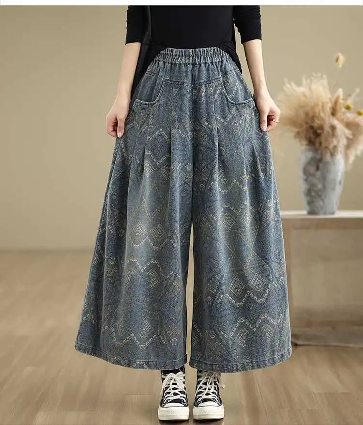 2026 Women's High Waist Wide Leg Jeans Loose Casual Straight Fit Trousers Elastic Waist Spring Autumn Vintage Print Denim Pants