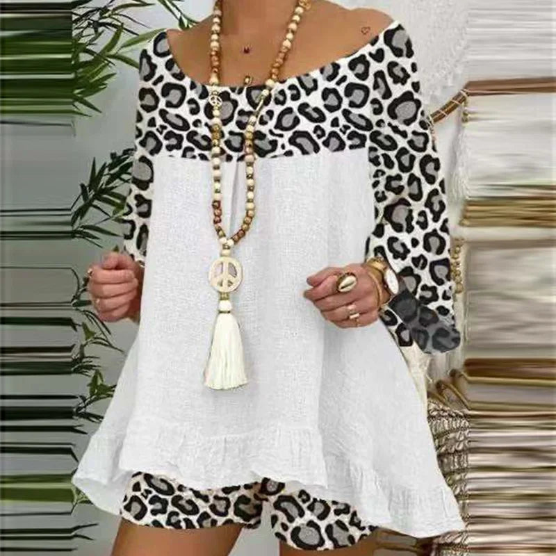 Summer Vintage Leopard Patchwork Outfits Set Cotton Linen Shirt Tops And Loose Shorts Suit Casual 3/4 Sleeve Women Two Piece Set