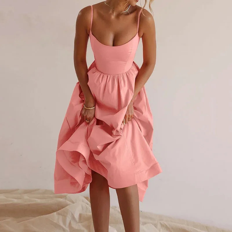 Summer U-neck Casual Female Vintage Elegant Spaghetti Strap Dress Women Elegant Solid Sleeveless A-line Midi Women's Dresses