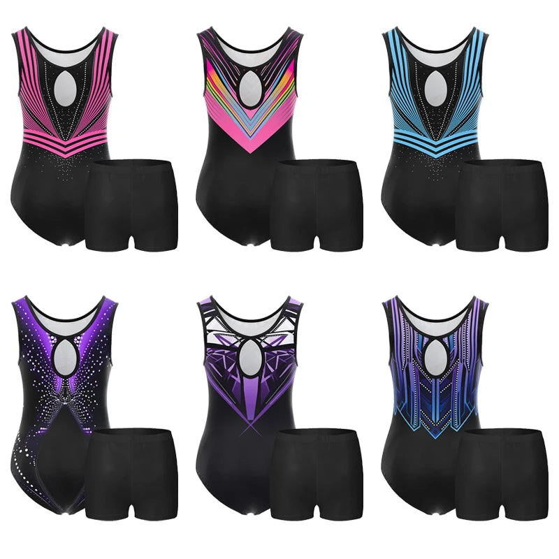 4 Piece Gymnastics Leotards for Girls Sleeveless Athletic Biketard Kids Water-drop Back Unitard Tumbling Activewear Outfits