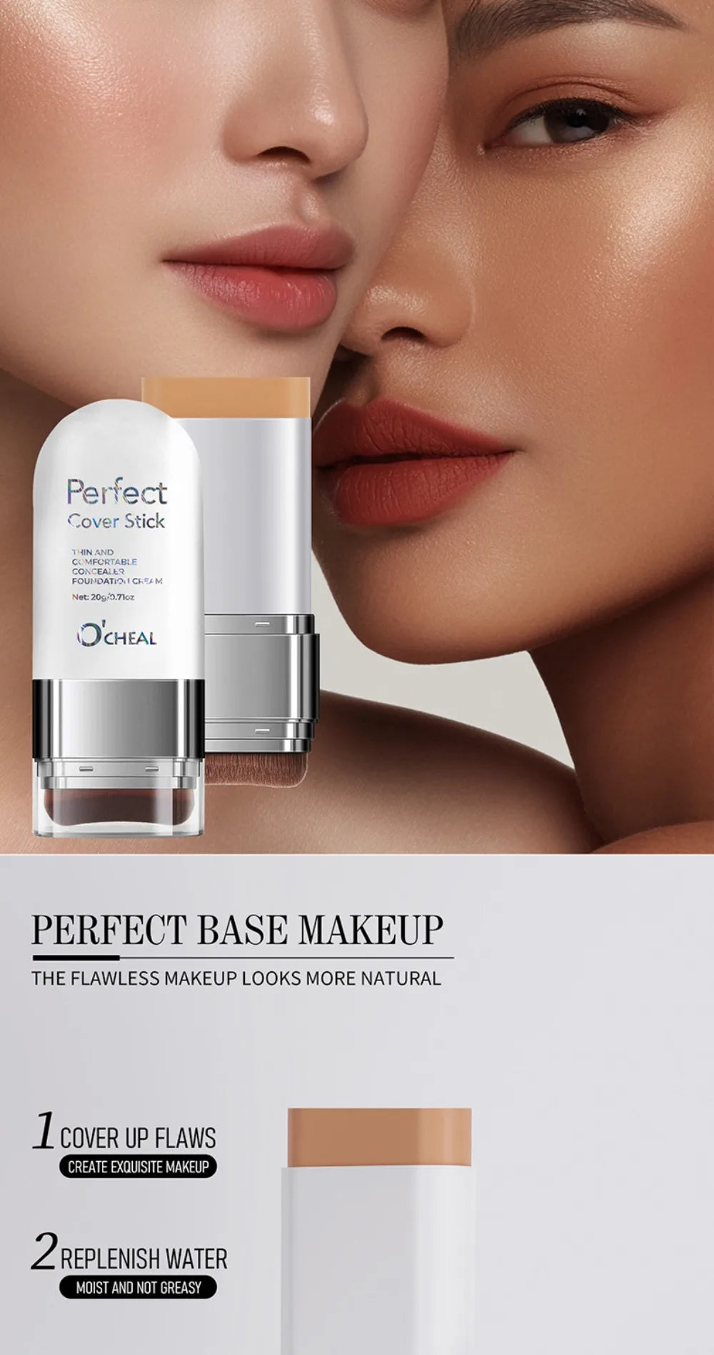 Thin and Comfortable Perfect Cover Stick Waterproof Long-lasting Concealer Foundation Stick with Brush Instant Natural