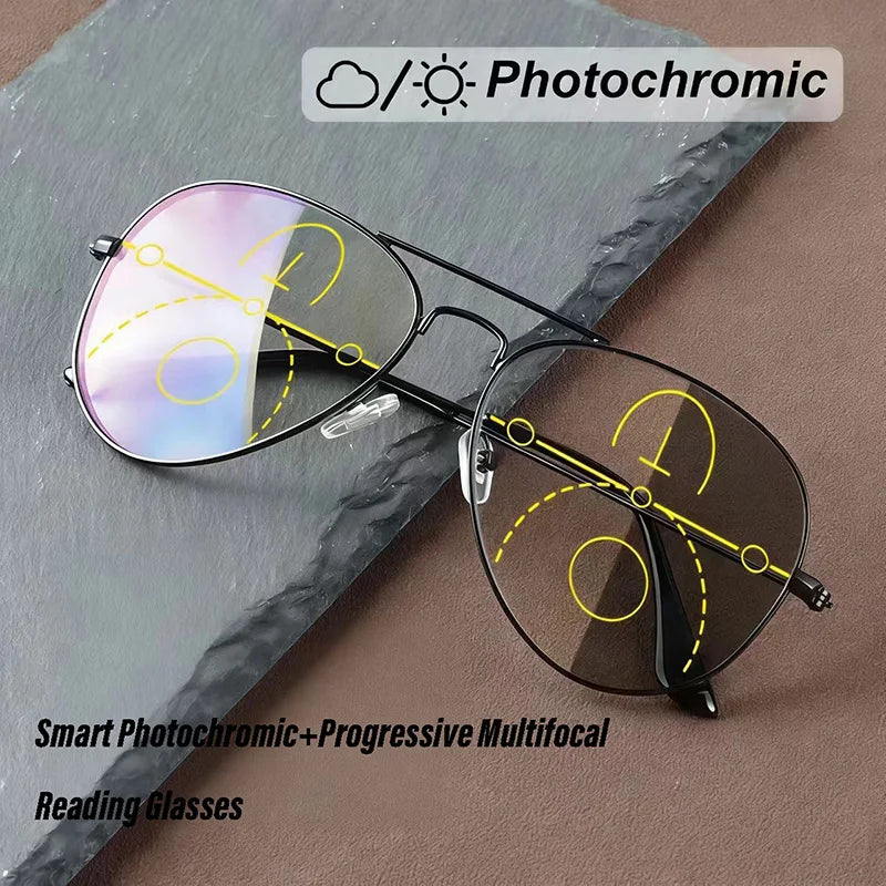 Large Frame Photochromic Progressive Reading Glasses Men Chameleon Glasses Male Change Color Sun Glasses Driver Diopters Eyewear