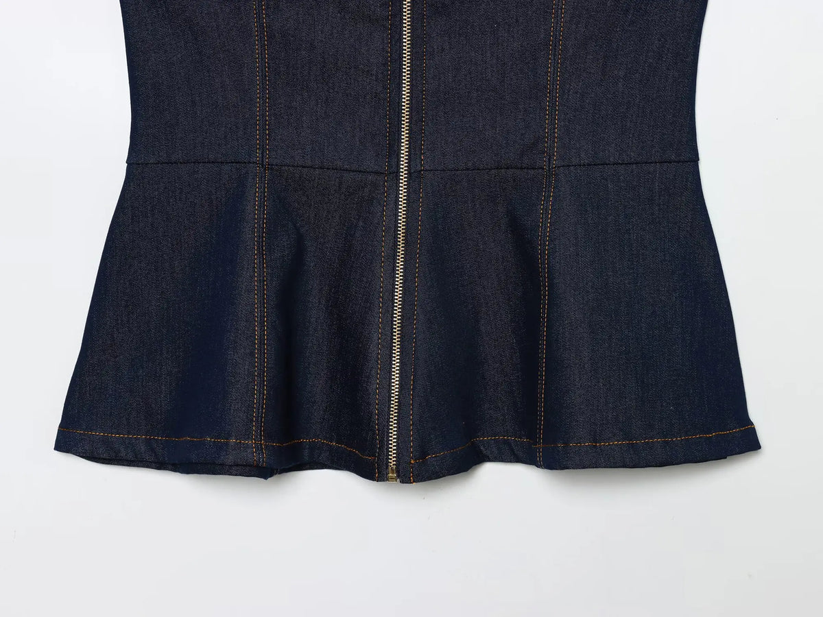 HH Women Summer Sexy Tube Top Zipper Sleeveless Short Top+Mid-Waist High Street Casual Trousers Fashion Denim 2-Piece Set