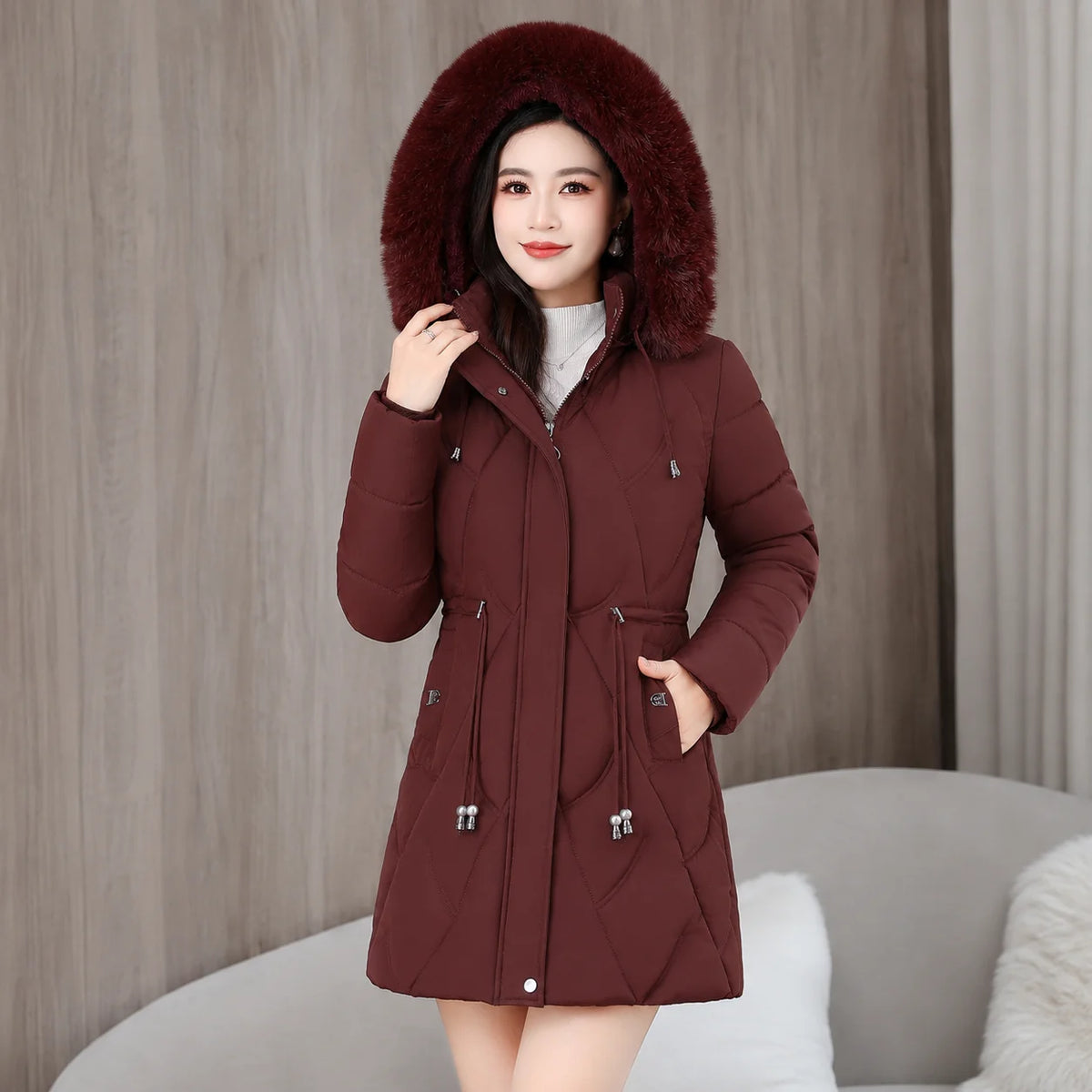 2026 Fashion Winter Women Parkas Long Slim Fashion Korean Big Fur Collar Zipper All-match Warm Down Jacket