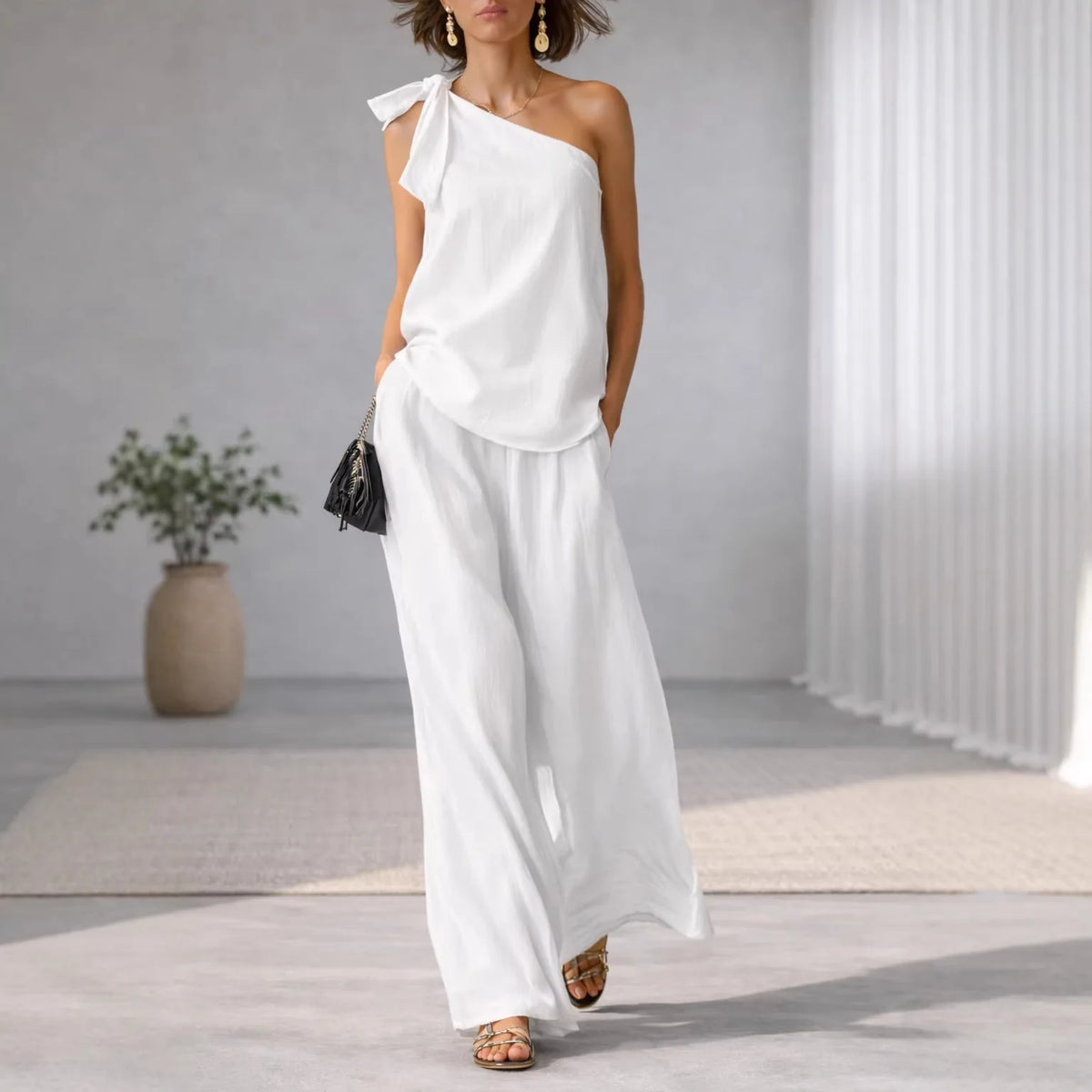 Summer Sexy Off Shoulder Tank Tops And Wide Leg Pants Two Piece Sets Casual Loose Solid High Waist Pants Sets Lace Tops Outfits