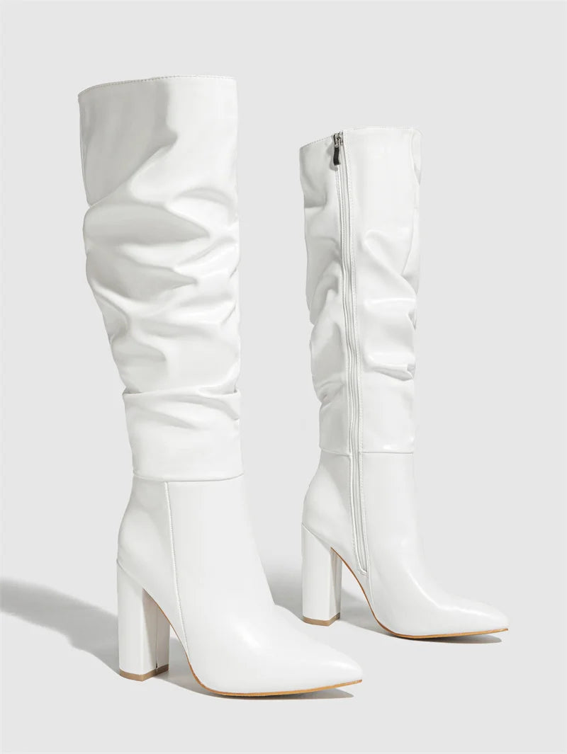 Liyke Winter Street Fashion Pleated Leather Pink Knee High Boots Women Sexy Long Zip Pointed Toe Square Heels Stripper Shoes