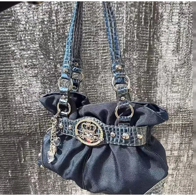Luxury Women Rivet Handbag,Y2k Girls Metal Studded Underarm Shoulder Bag,Niche Belt Buckle Commuter Chic East-West Tote Bag