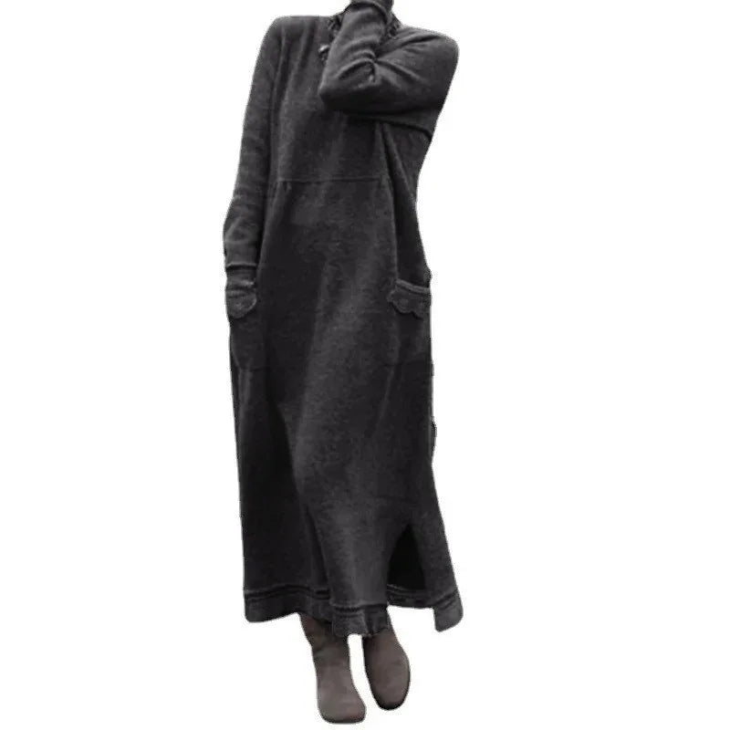 Women's Maxi Dress Autumn Winter Fashion New Style Elegant Loose Long Sleeve Hoodie Retro Casual Thick Warm Dresses For Women
