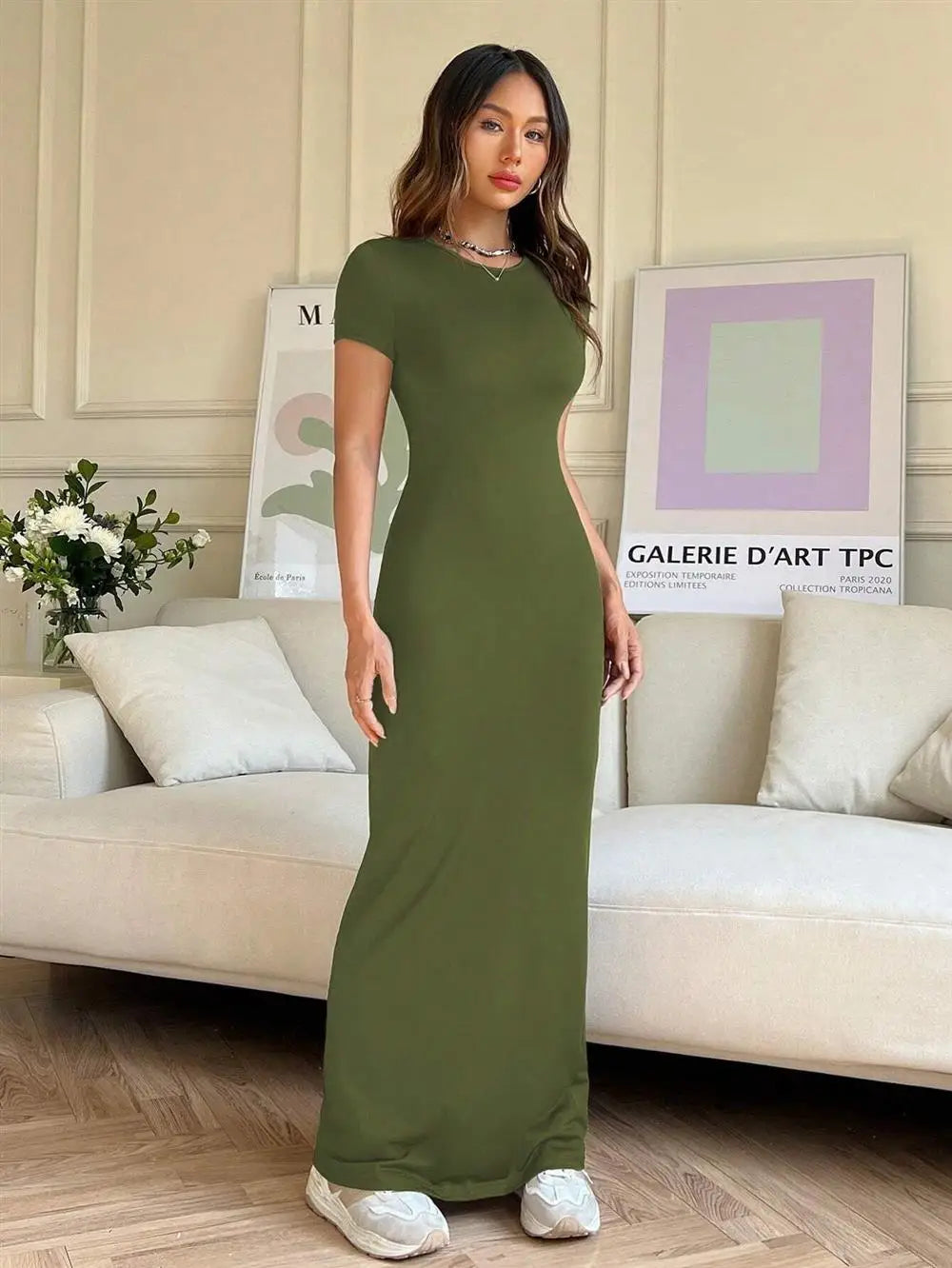 Sexy Slim Fit Short Sleeve round Neck Dress Pure Color Long Dress for Women LinJ2026 Casual European Style mid Waist Skirt