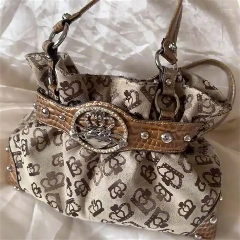 Luxury Women Rivet Handbag,Y2k Girls Metal Studded Underarm Shoulder Bag,Niche Belt Buckle Commuter Chic East-West Tote Bag