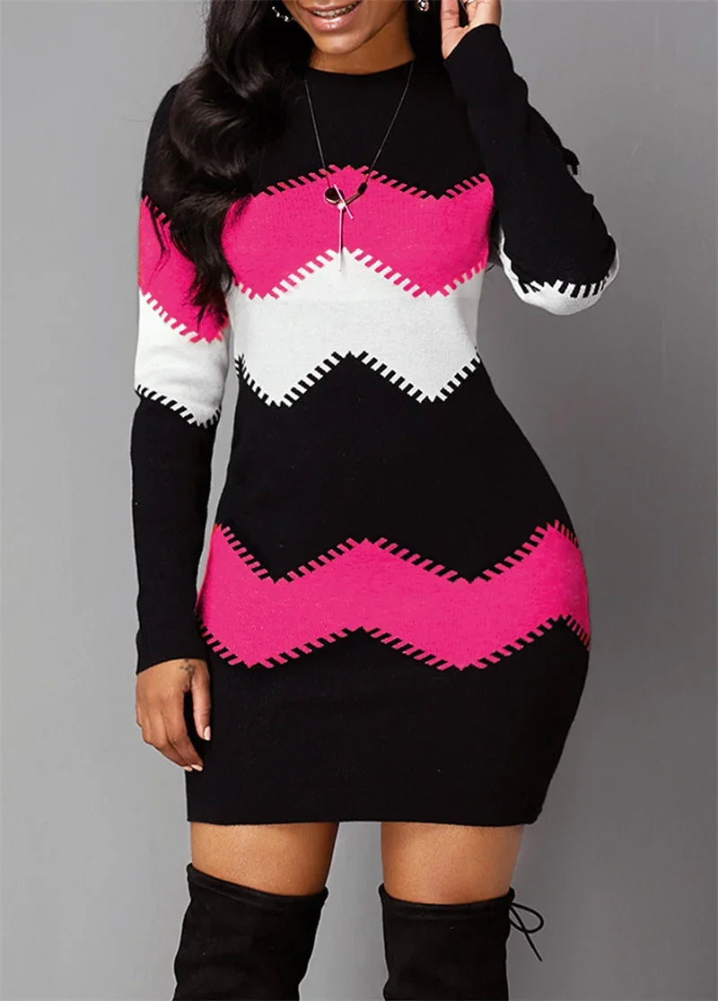 2025 Autumn Women's French Velvet Mini Dress Elegant Colour Blocking Casual Streetwear Femme Casual Slim Fit Pullover Dresses