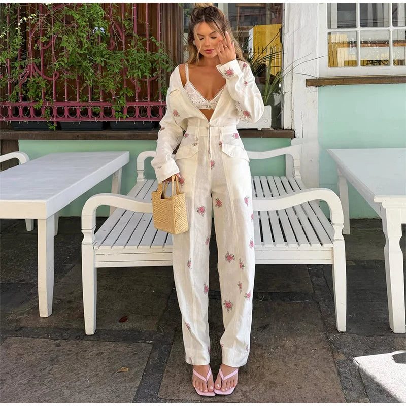 Casual Floral Printed Jumpsuits For Woman Sweet V Neck Full Sleeve Lace Spliced Pocket Lady Fashion street Clothing 2026
