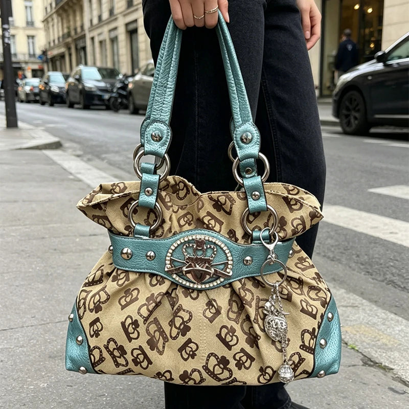 Luxury Women Rivet Handbag,Y2k Girls Metal Studded Underarm Shoulder Bag,Niche Belt Buckle Commuter Chic East-West Tote Bag