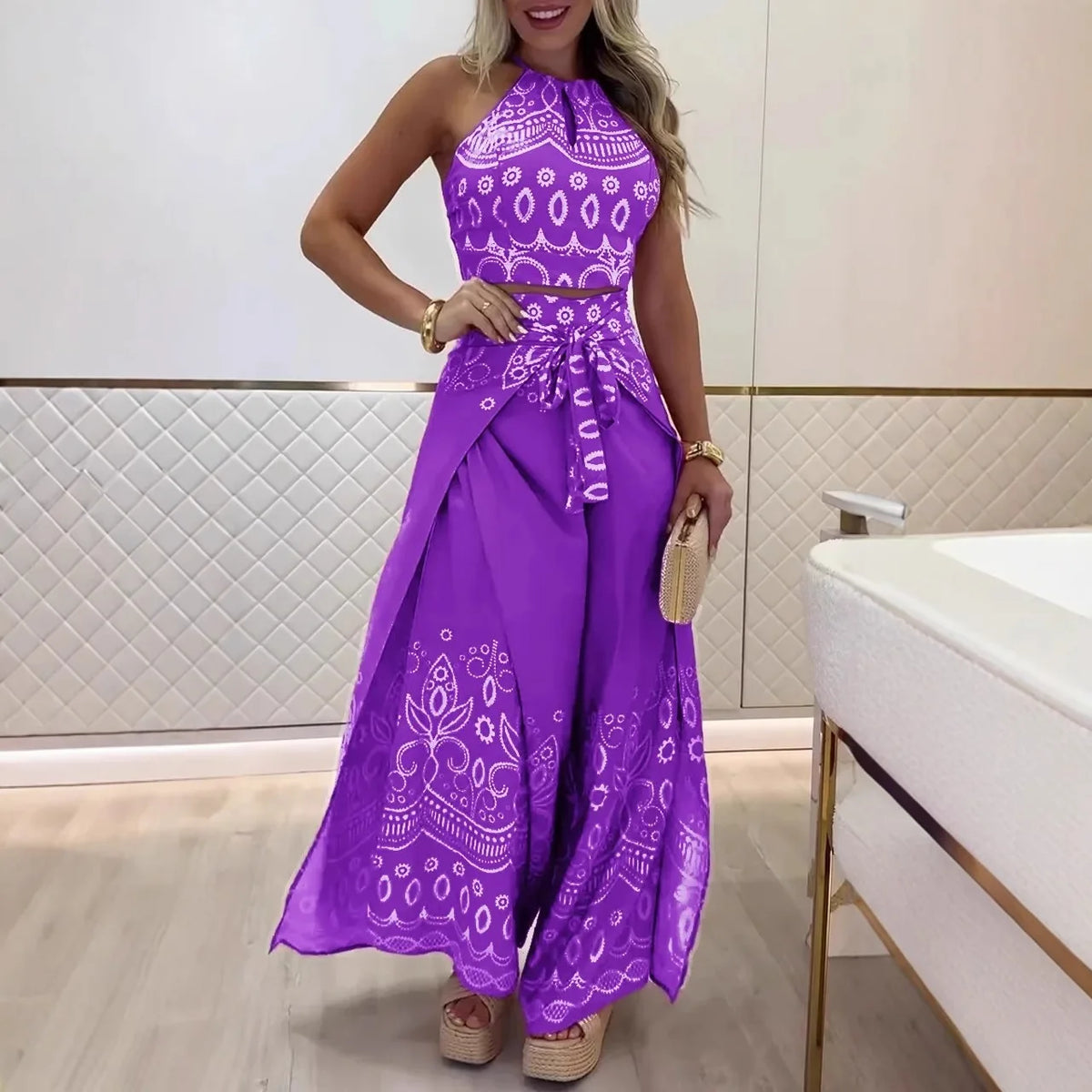 Summer Vintage Halter Top Wide Leg Pants Set Women's Bohemian 2-Piece