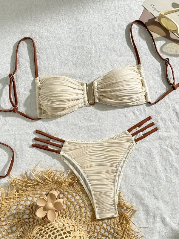 New Low waist Sexy Two-piece Bikini Women U-neck Hollow Swimwear Solid Tube Top Gathered Swimsuit Tight Backless Beachwear 2025