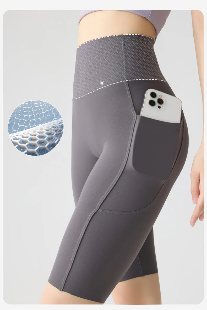 BIVIGAOS Summer Pocket Yoga Sharkskin Bicycle Shorts Women Thin High Waist Push Up Naked Feeling Sports Fitness Cycling Shorts