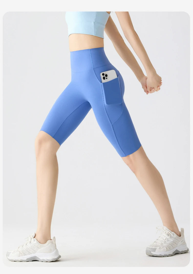 BIVIGAOS Summer Pocket Yoga Sharkskin Bicycle Shorts Women Thin High Waist Push Up Naked Feeling Sports Fitness Cycling Shorts