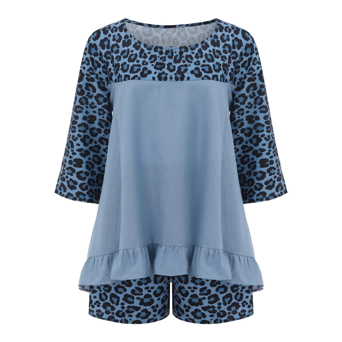 Summer Vintage Leopard Patchwork Outfits Set Cotton Linen Shirt Tops And Loose Shorts Suit Casual 3/4 Sleeve Women Two Piece Set