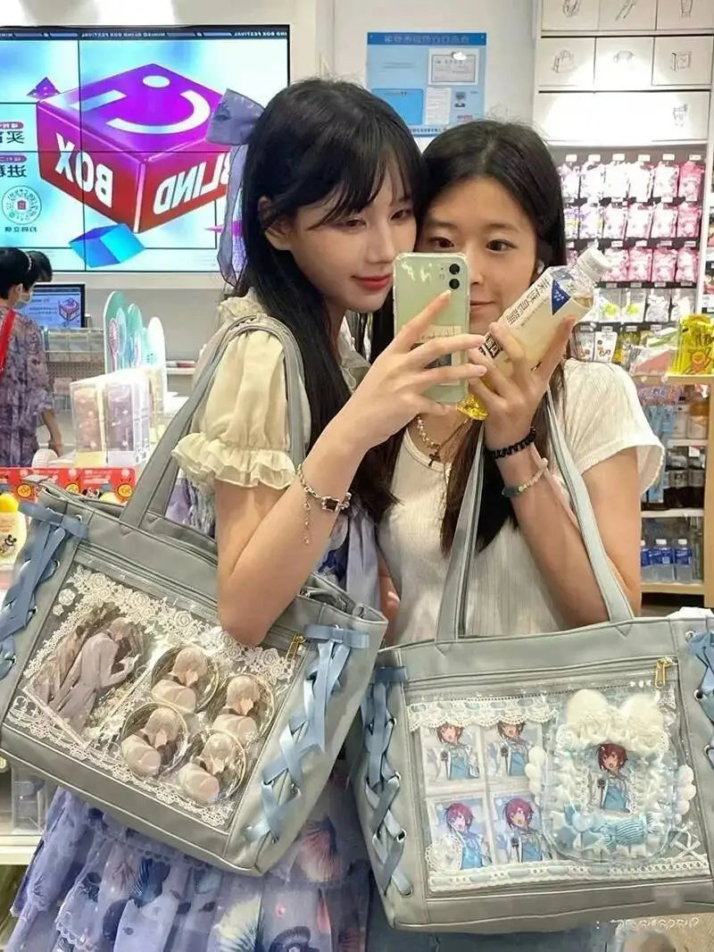 Japanese Sweet Women Ribbon Ita Bag Fashion Large Capacity Tote Bag Aesthetic Shoulder Bag Cute Lolita Girl Transparent Handbags