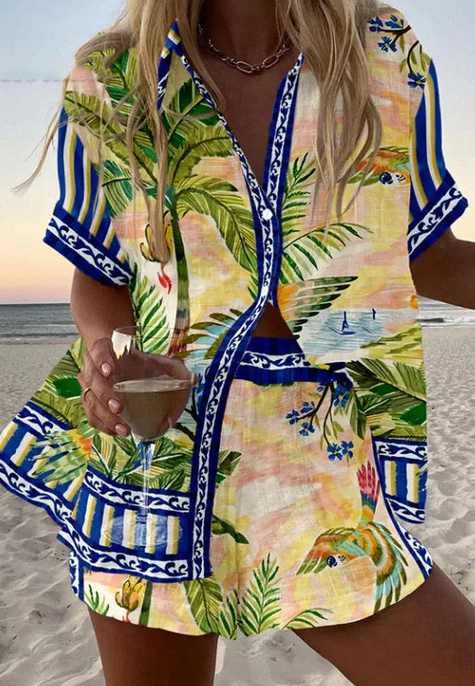 Summer New Print Beach Holiday Set For Women Fashion Short Sleeve Buttoned Shirt Wide Legs Shorts Oversized Two Piece Set