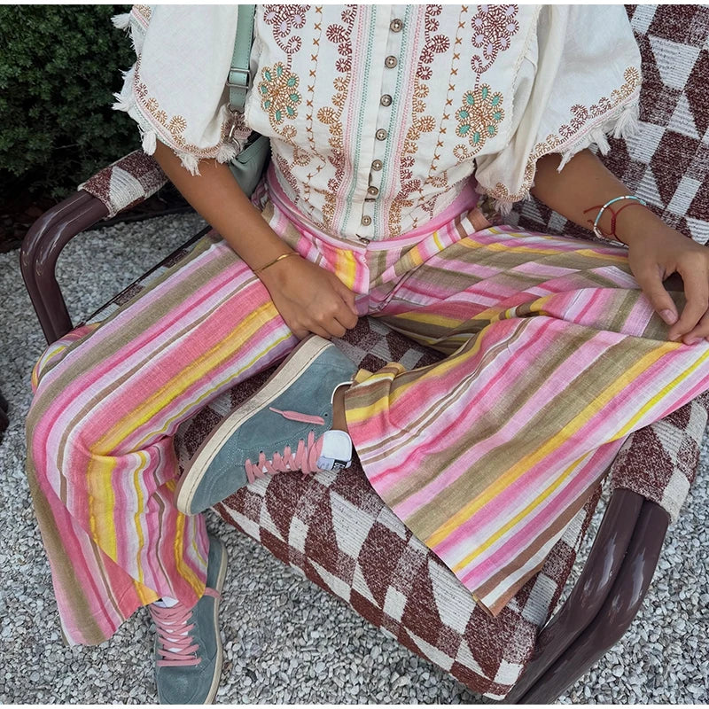 Striped Zipper High-Waisted Trousers Slim Fit Flare Leg Double Pocket 2026 Summer Casual Women Bottom Fashion Chic Lady Pants