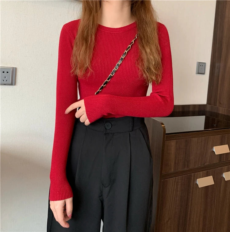 2026 Basic Tops Women Sweater Autumn Winter Long Sleeve Pullover Fashion O-neck Elastic Female Winter Solid Knitted Jumper