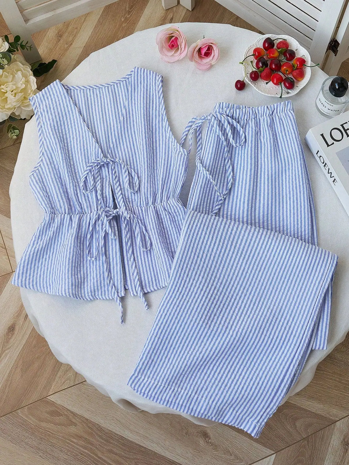Summer Solid Color Tie Pants Set Stripe Casual Sweet Versatile Loose Comfortable Vacation Daily Two Piece Set