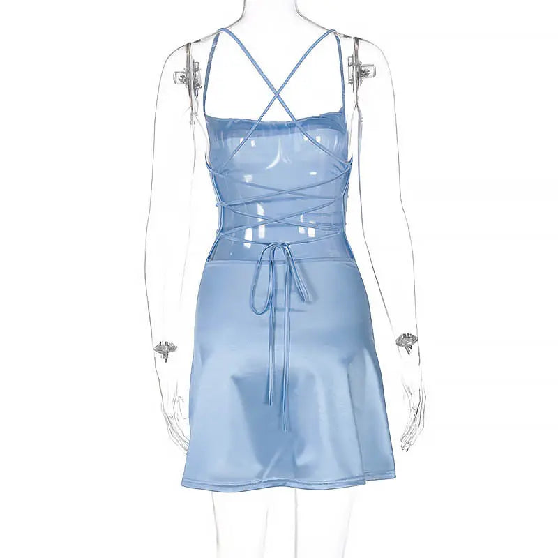 Summer Spaghetti Strap Mini Satin Dress Women Sexy Backless Bodycon Party Dress Short Club Dress
