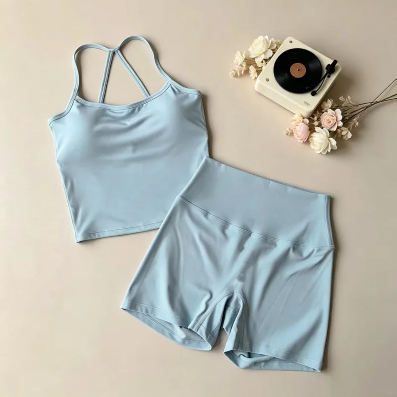Yoga 2Pcs Women Naked Skin Set Thin Strap Beauty Back Tank High Waist Butt Lift Shorts Soft Breathable Gym Fitness Outfit