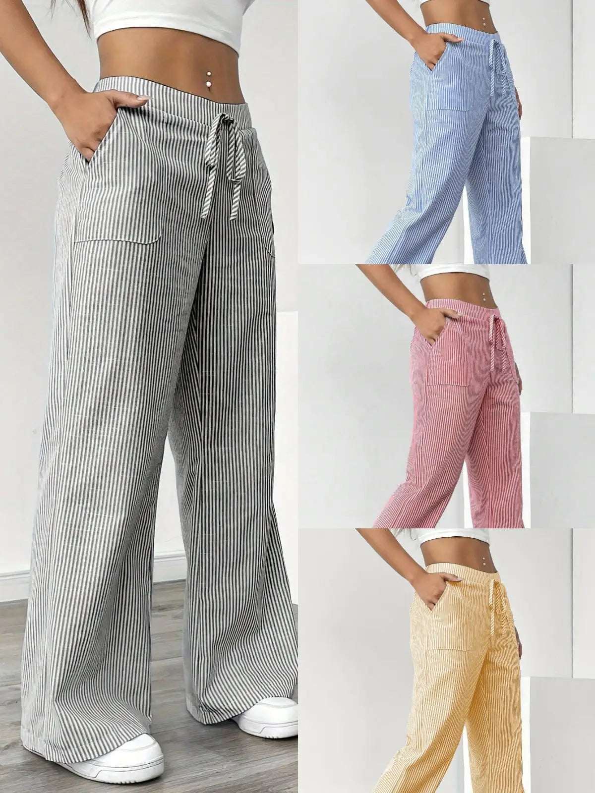 Summer Striped Wide Leg Pants Women High Waisted Drawstring Loose Fit Slimming Casual Straight Leg Harem Pants Female Trousers