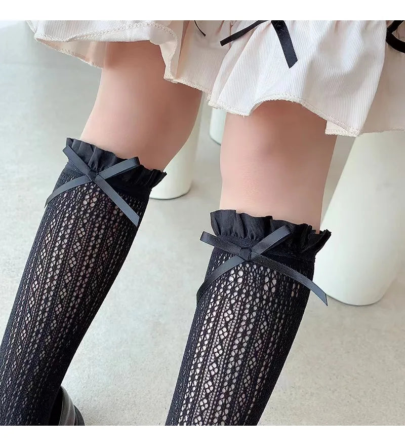 Girls Long Tube Lace Stockings Sweet Bow Jacquard Pattern Mesh Sock Baby Girl Ballet Fishing Net Frilly Socks Lolita Leggings