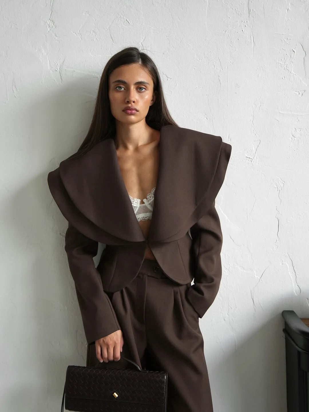 Chic Big Lapel Coat Pants Women Set Elegant Full Sleeve Single Breasted V-neck Straight Loose Trousers Solid Autumn Fashion Set