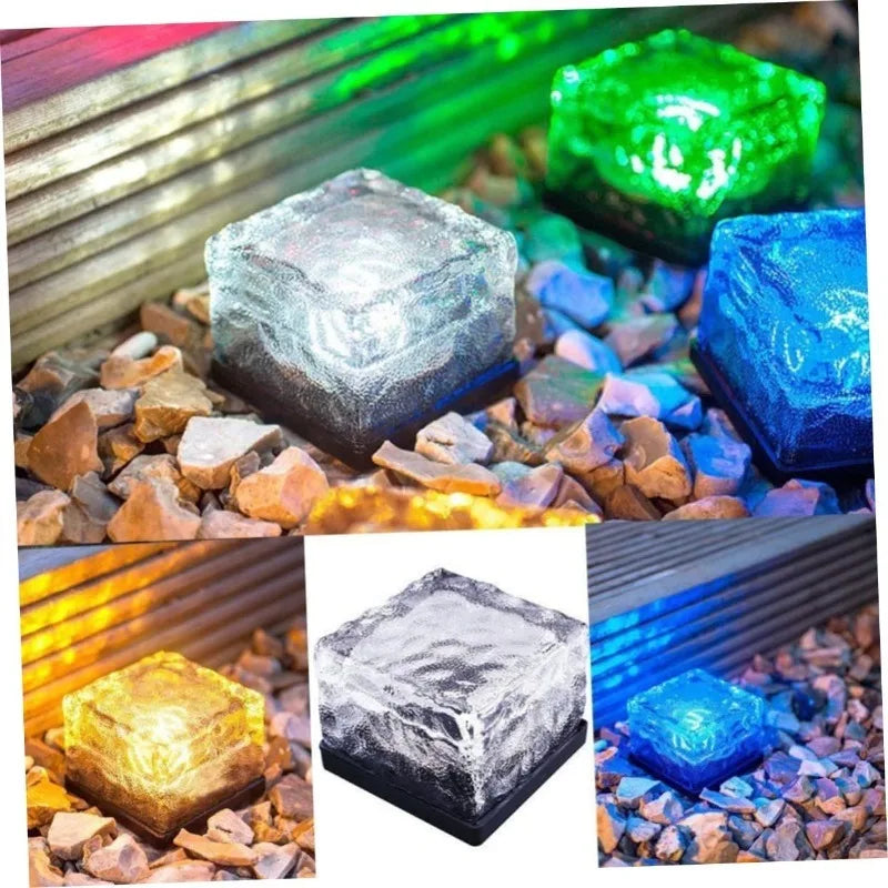1-8PCS Garden Yard Decor Solar Ice Cube Lights Glass Brick Landscape Square Glass Outdoor Pathway Illumination Lamps