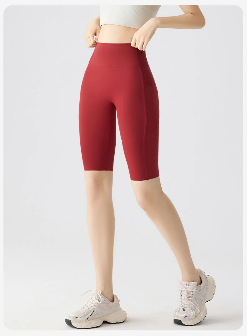 BIVIGAOS Summer Pocket Yoga Sharkskin Bicycle Shorts Women Thin High Waist Push Up Naked Feeling Sports Fitness Cycling Shorts